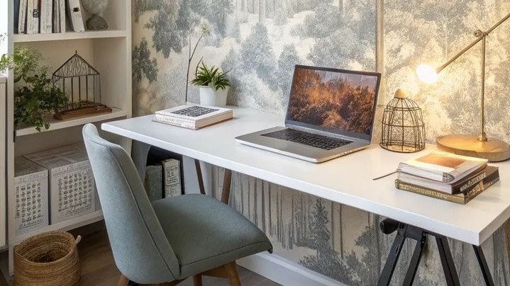 Calm home office with accent colors and wall décor