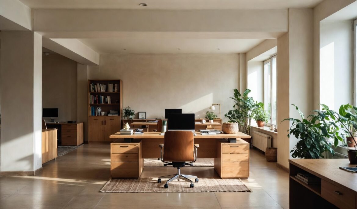 Wide horizontal banner of a modern office interior designed according to Vastu principles