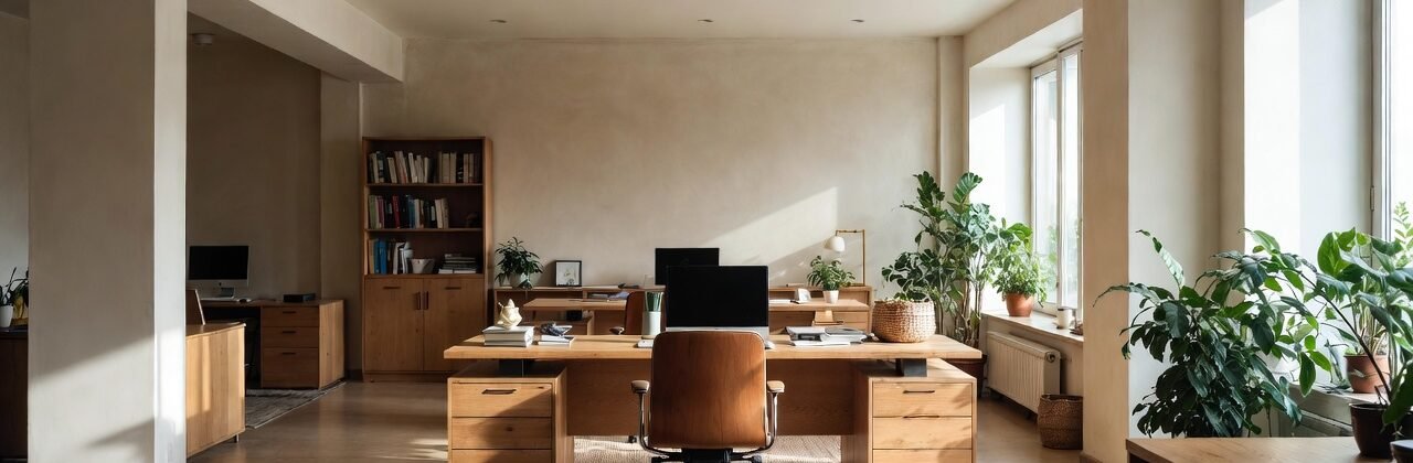 Wide horizontal banner of a modern office interior designed according to Vastu principles