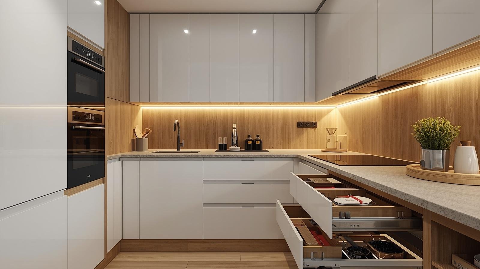 Compact modular kitchen interior for small apartment,