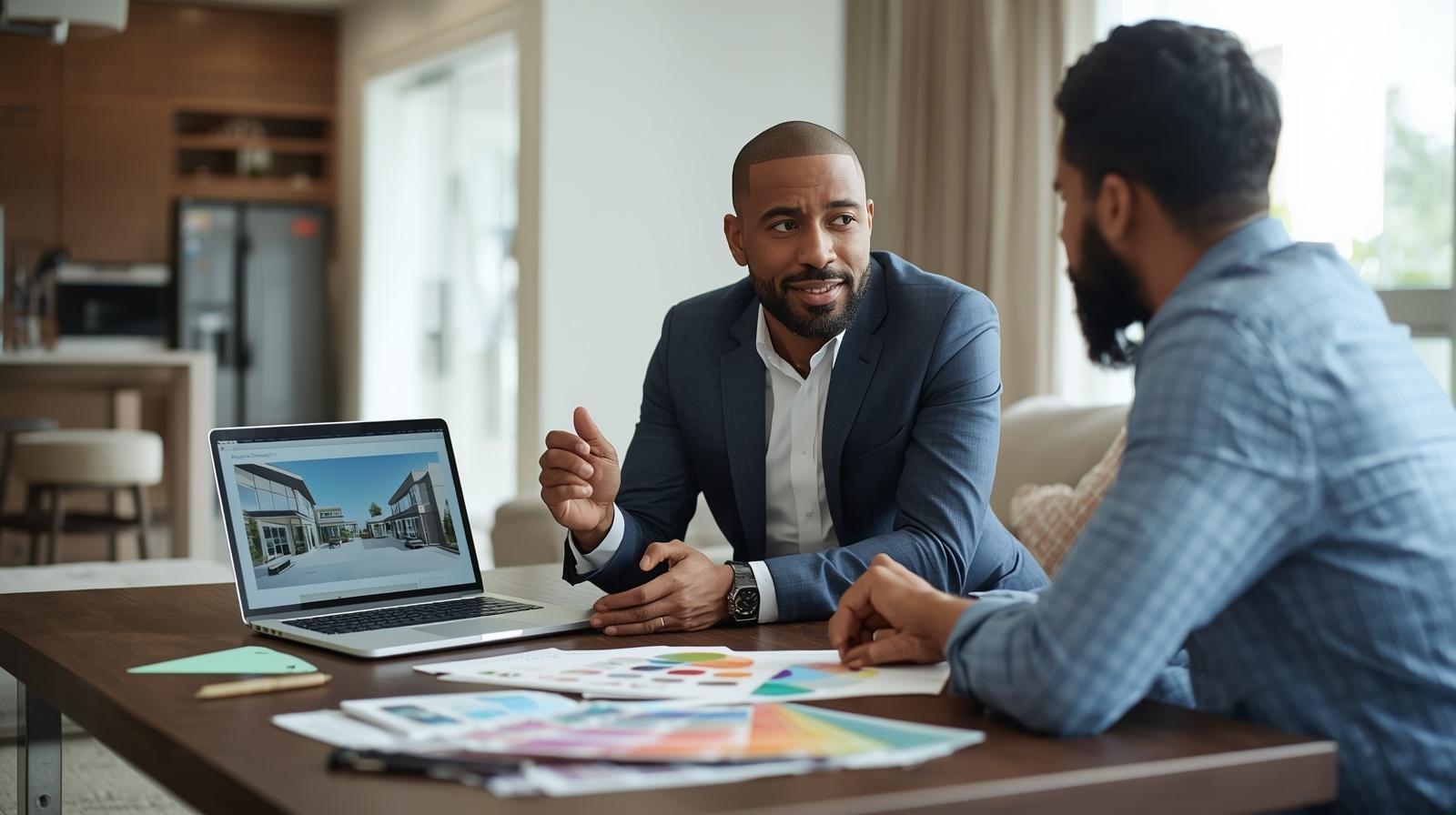 Professional interior designer consulting homeowners in a modern living room