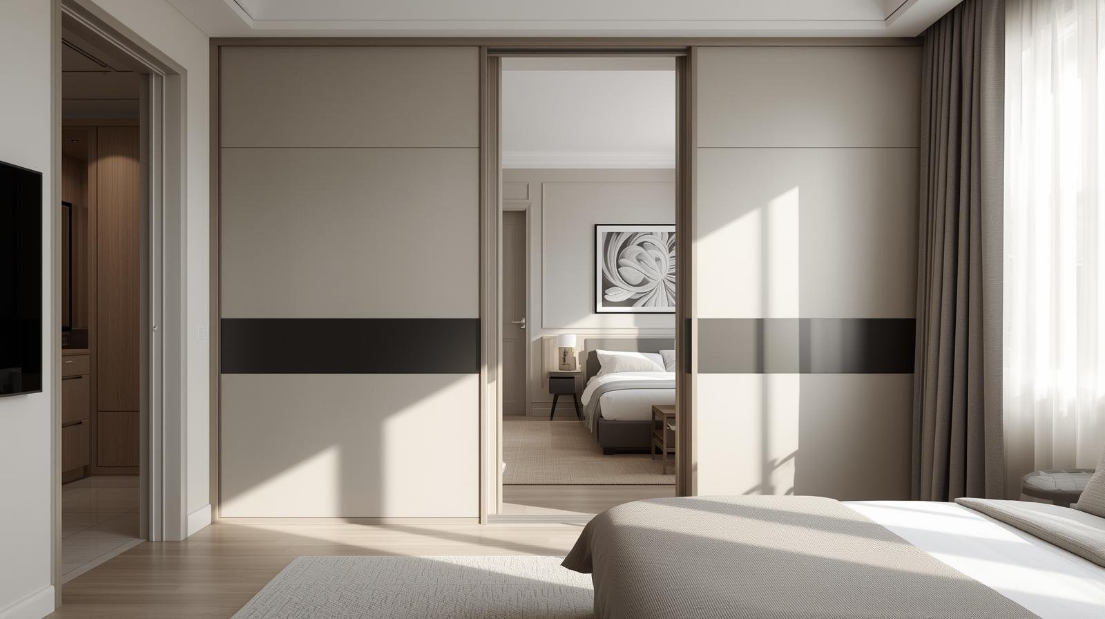 Small apartment interior with modern sliding doors for wardrobe and room partition,