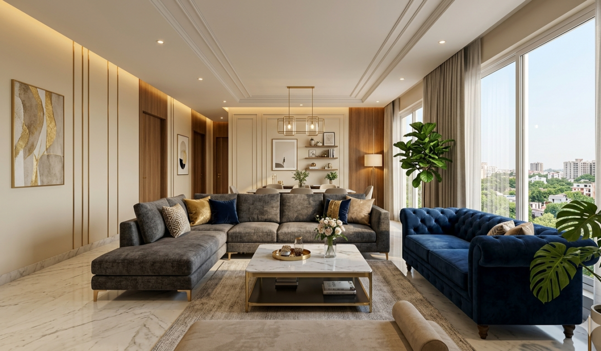 luxurious modern living room interior in a premium apartment in Gomti Nagar, Lucknow