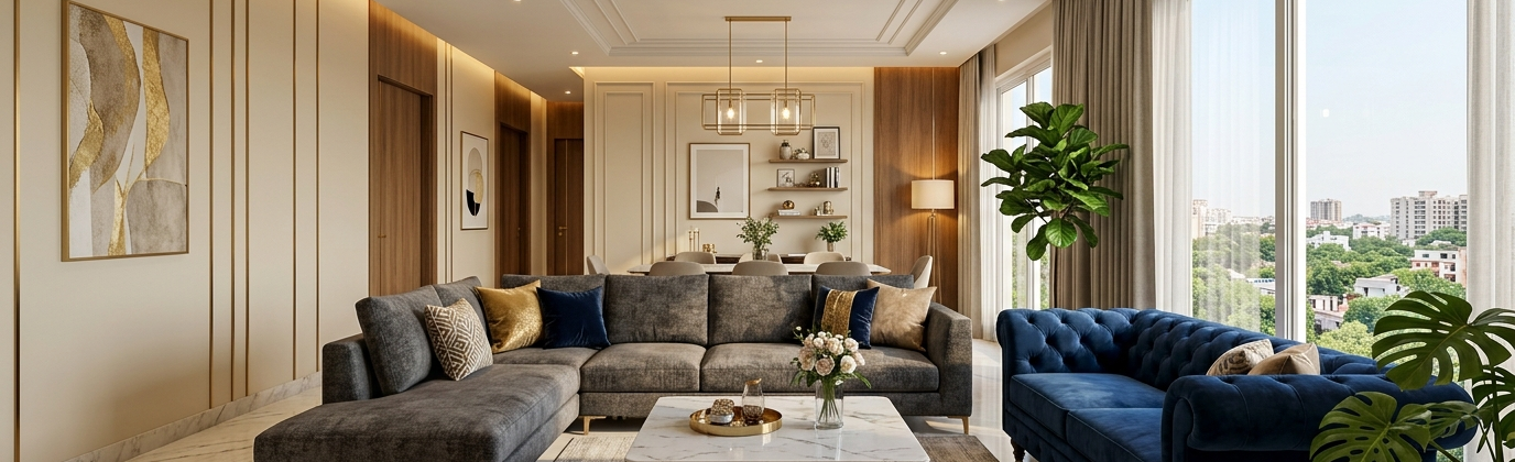 luxurious modern living room interior in a premium apartment in Gomti Nagar, Lucknow
