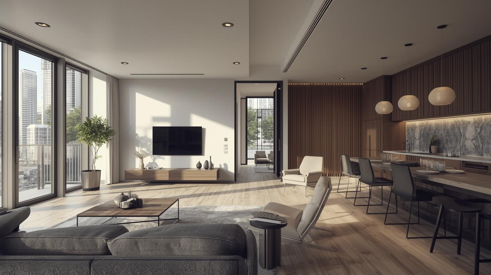 odern open layout small apartment combining living room dining area and kitchen