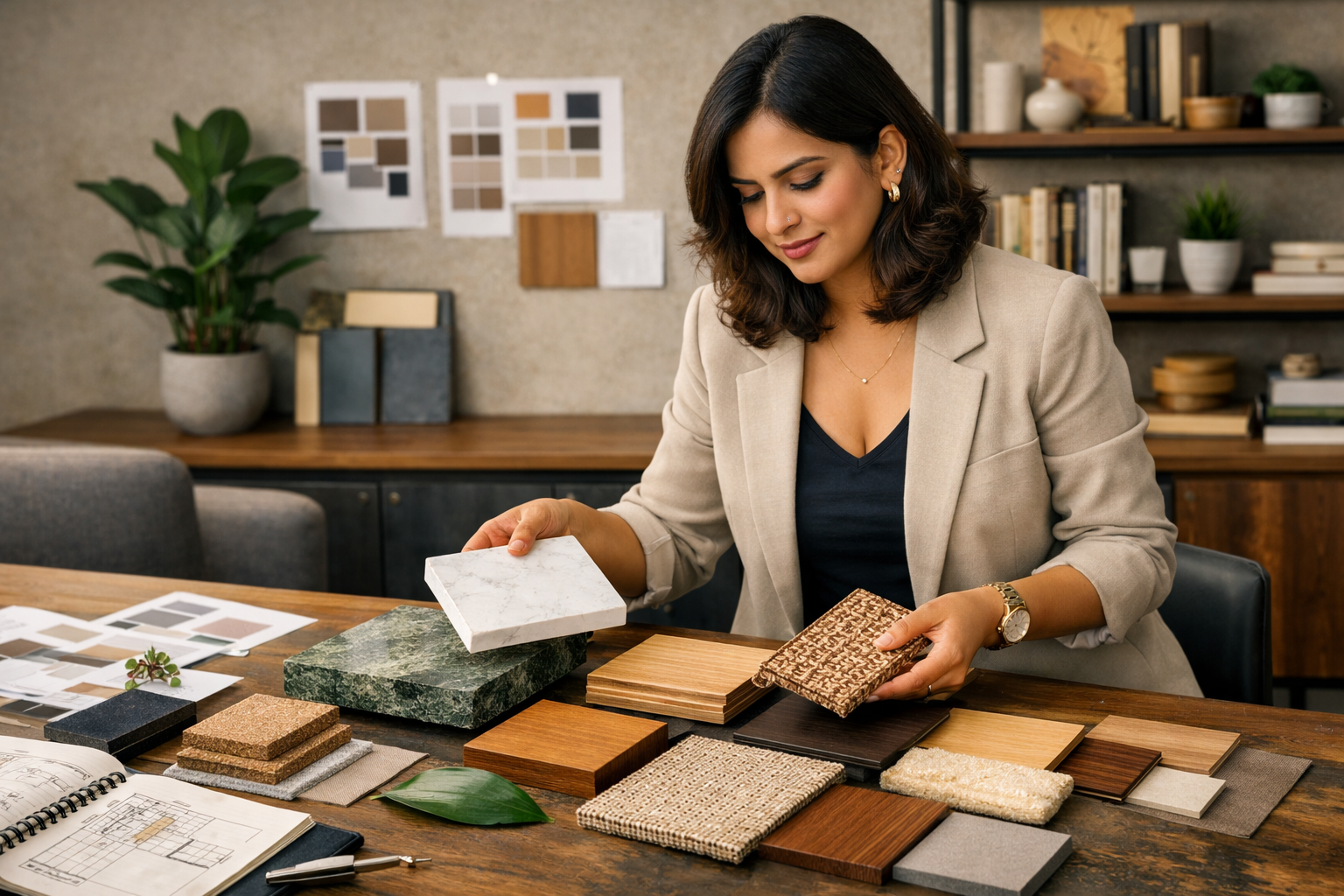 Professional interior designer selecting material samples for an Indian home