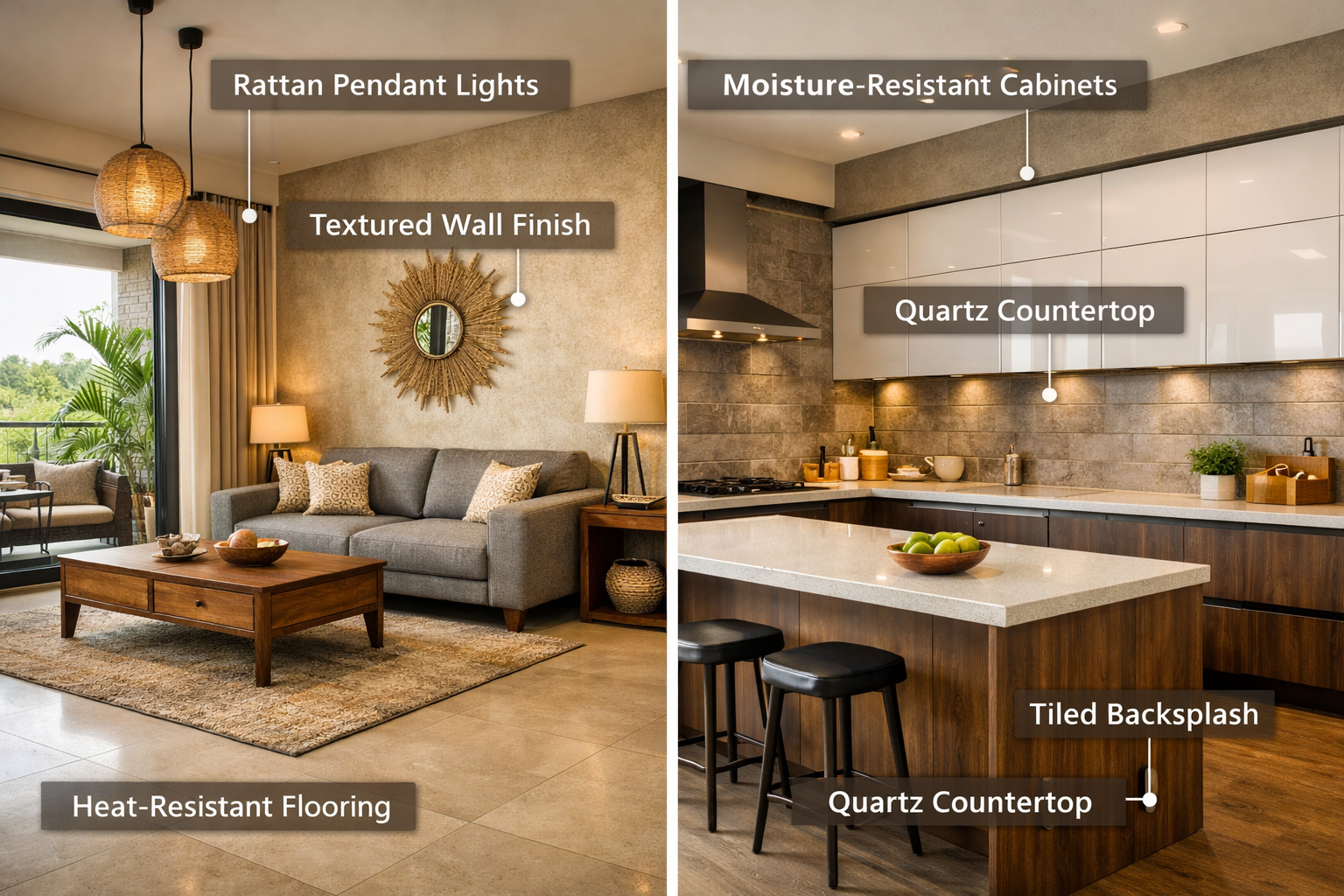 Split-view interior showcasing best materials for Indian climate, featuring heat-resistant flooring